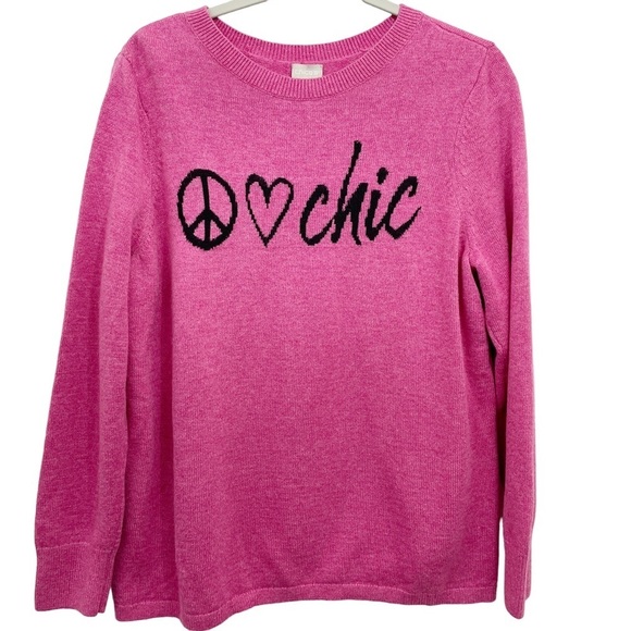 Chico's 2 Large Wool Blend Sweater Pink Peace Love Chic Crew Neck - Picture 1 of 6
